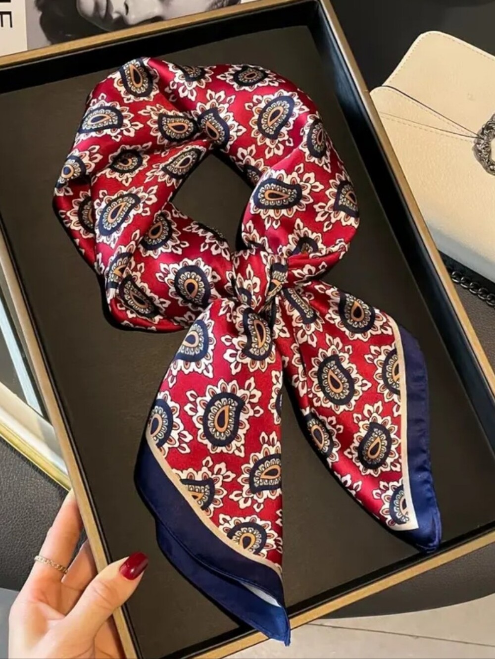 Silk-Feel Paisley Neck Scarf in Burgundy and Navy Head Scarf , Neck Scarf